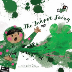The Inkpot Fairy Book Cover with surprised kid opening a jar of green paint and a fairy with a paintbrush.